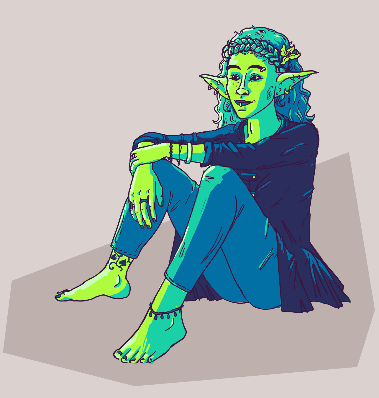 a half-elf half-goblin character sitting on the ground. he's barefoot, wearing leggings and a kinda-fancy coat, and has several ear piercings, a lip ring, and lots of jewellery. he has long wavy hair with crown braids.